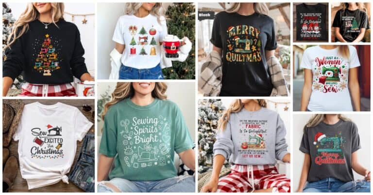 Collage of sewing-themed Christmas t-shirts