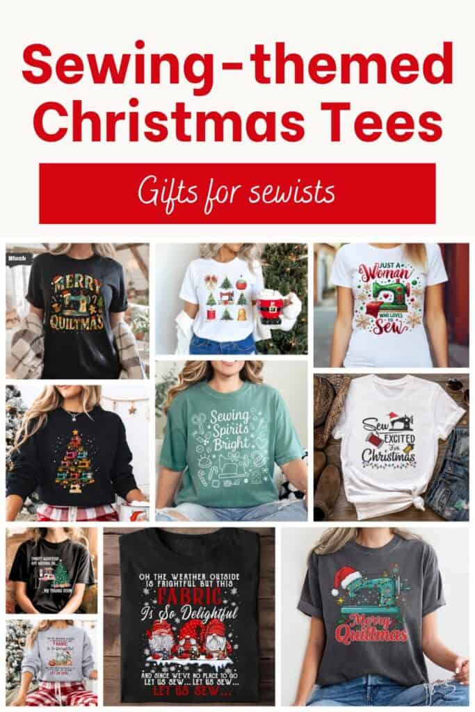 Collage of sewing-themed Christmas T-shirts