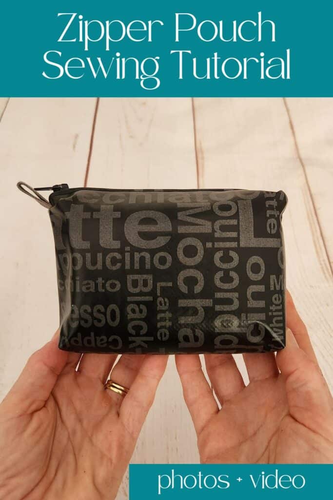 Two hands holding a black zipper pouch with text overlay "Zipper pouch sewing tutorial"