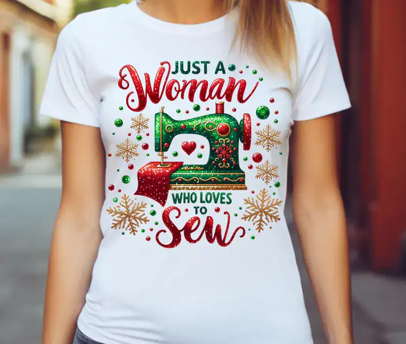 Gifted woman Christmas sew shirt with sewing machine graphic and festive design.