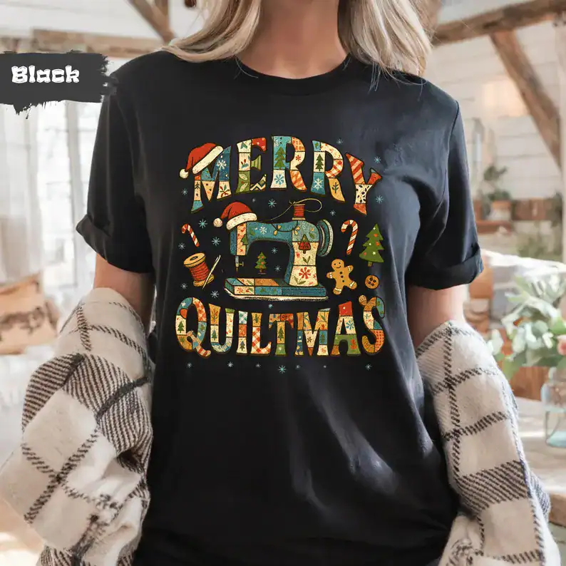 Festive Christmas sewing machine with holiday-themed text and icons, perfect for quiltmakers and crafters.