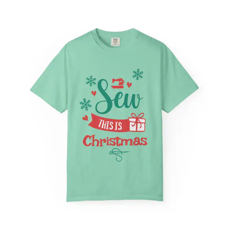 Sew Christmas T-shirt with festive design, snowflakes, gift, and holiday message for sewing enthusiasts.