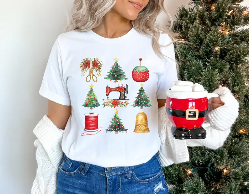 Festive Christmas T-shirt with sewing, ornament, and holiday print, casual Christmas sweater style, holiday party, Christmas gift idea.