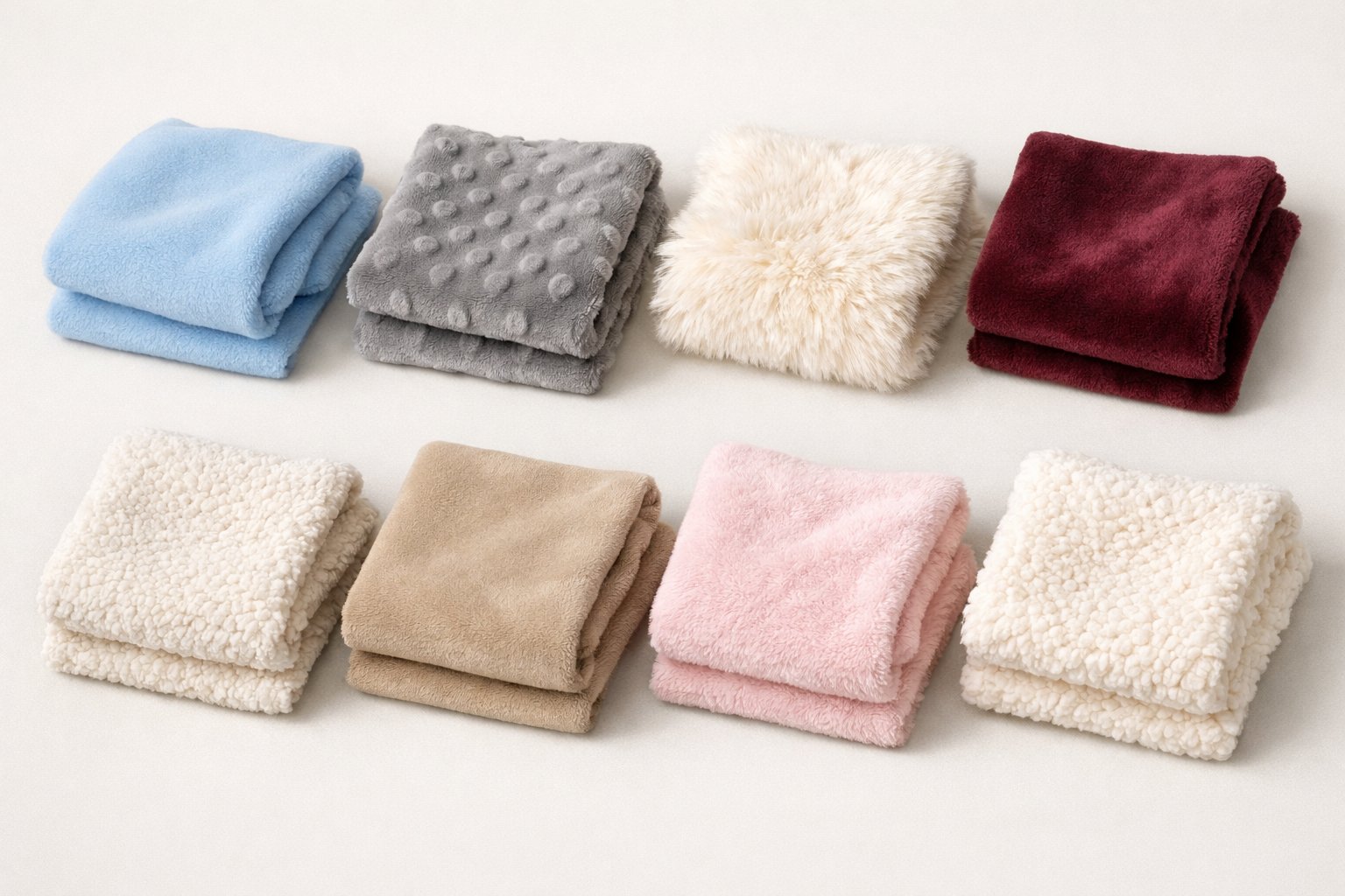 Eight different soft fabrics arranged neatly on a plain background, showing various textures and colors suitable for sewing plush toys.