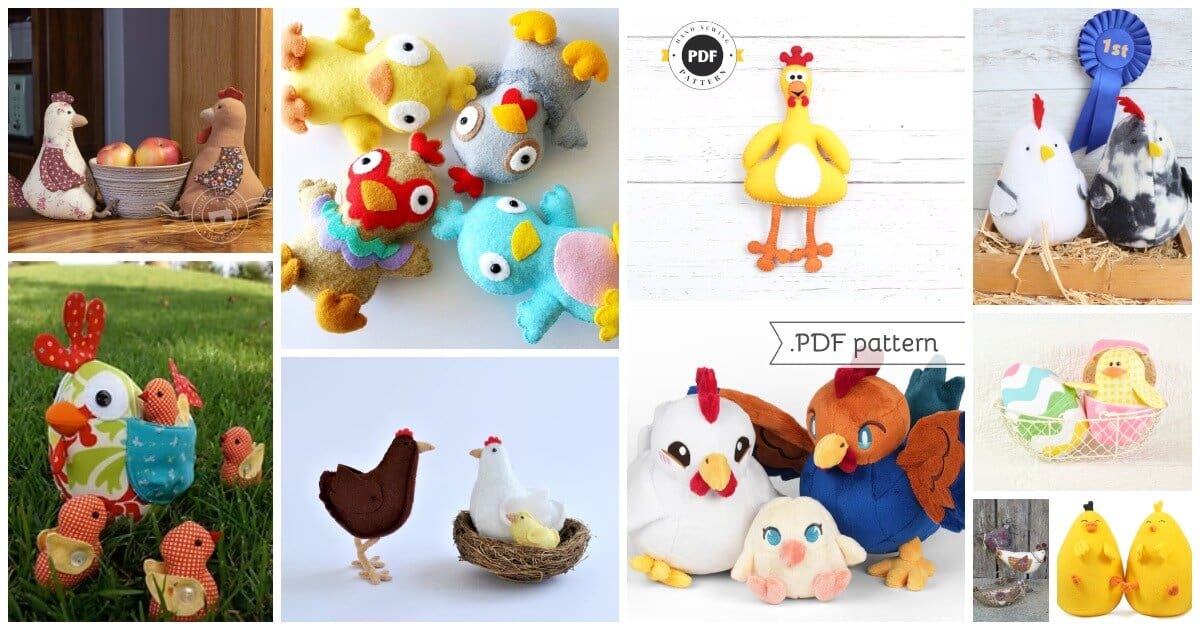 Adorable chicken plush toys and DIY sewing patterns for fun spring projects.