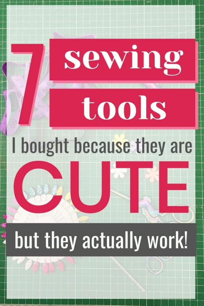 Brightly colored sewing tools displayed on a green grid background.