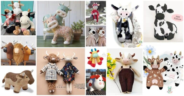 Adorable cow plush toy sewing pattern with detailed instructions for crafting.