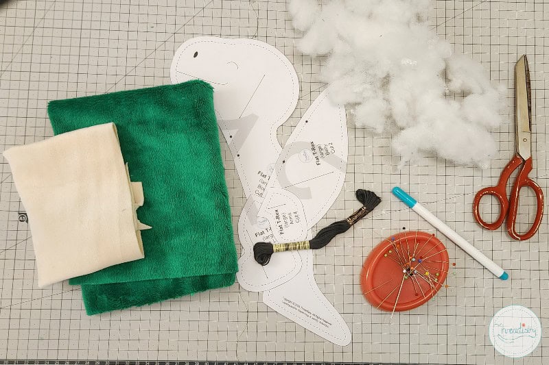 Supplies for flat t-rex dinosaur plush sewing project