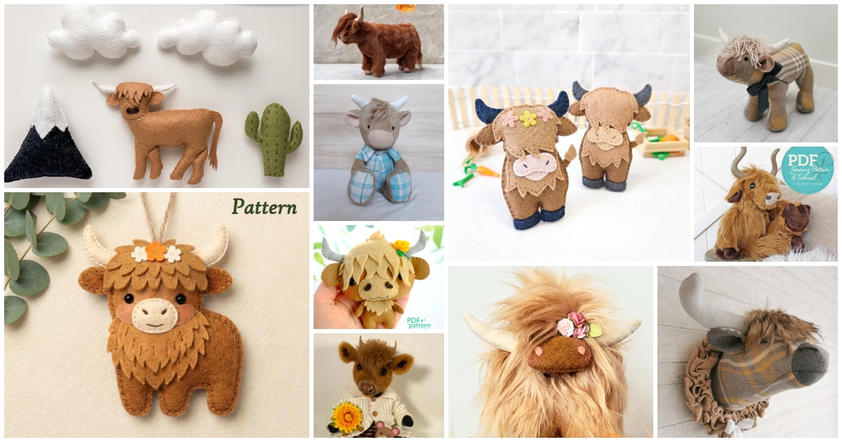 Adorable handmade felt animal plush toys including cows, sheep, dogs, and more, perfect for children.