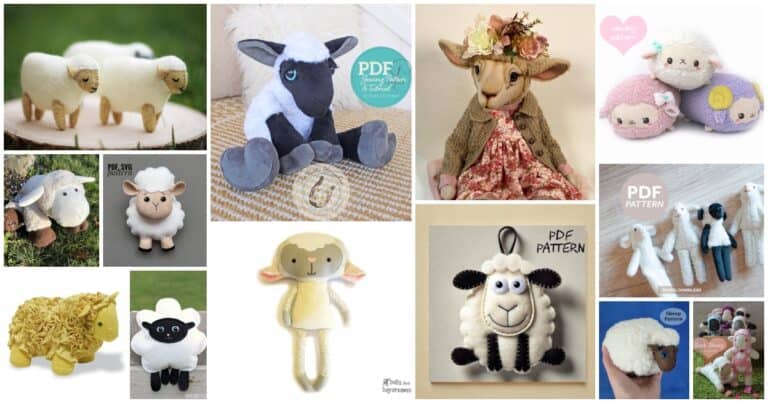 Collage of sheep plush sewing patterns