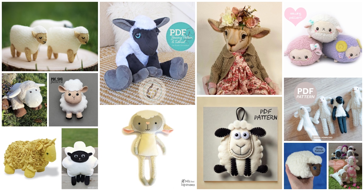 Collage of sheep plush sewing patterns