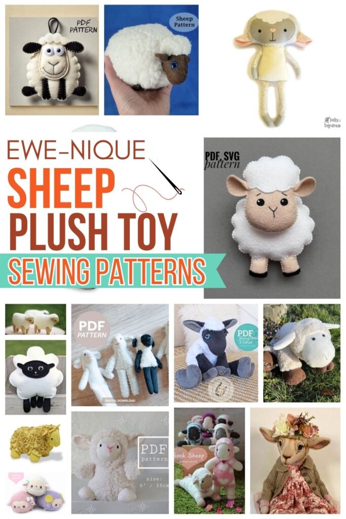 Collection of sheep plush toy sewing patterns and templates for crafting.