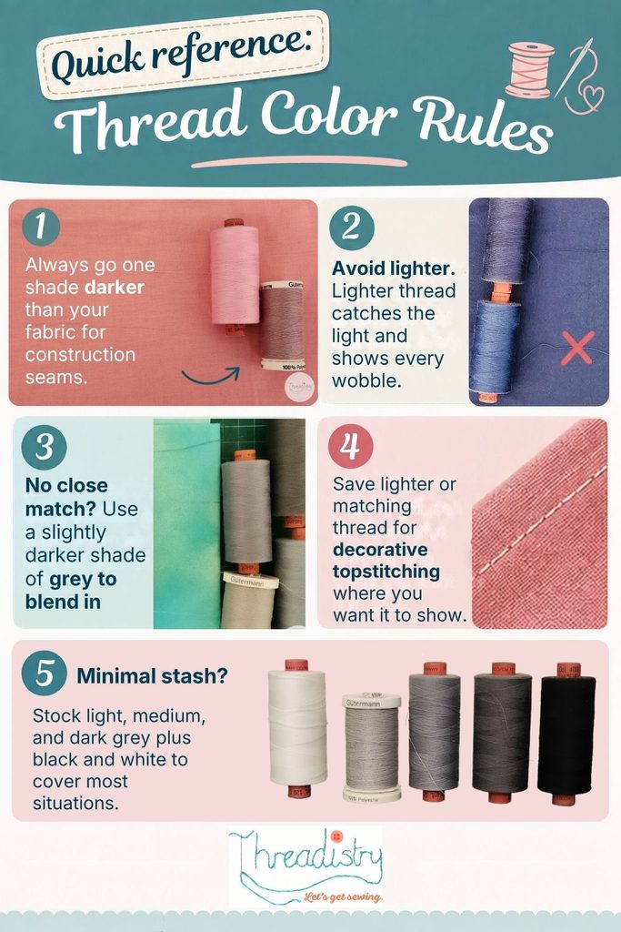 Thread color rules for sewing: go darker, avoid light shades, no close match, save light or matching.