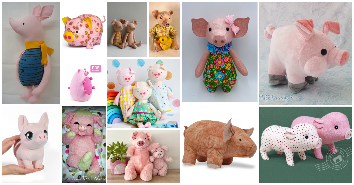 Cute pig plush toys and sewing patterns for crafting enthusiasts.
