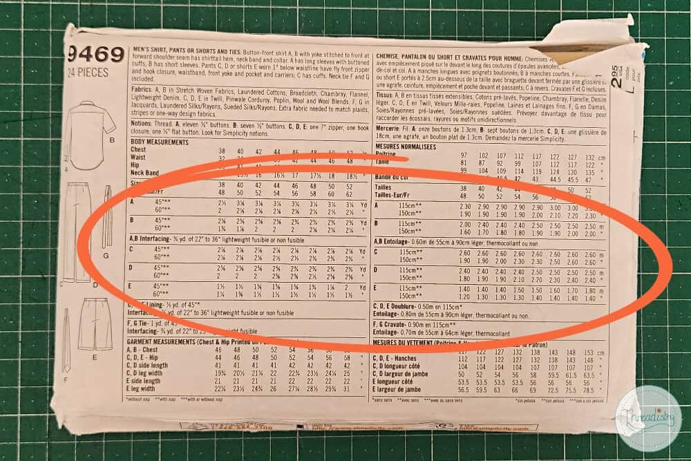 Close-up of sewing pattern size chart on envelope for sewing projects.