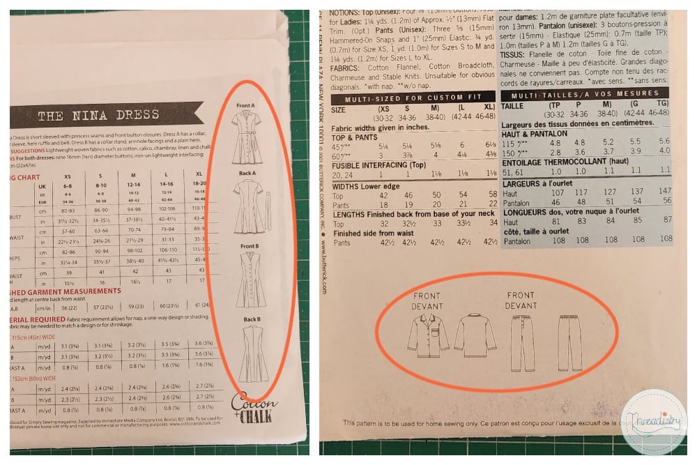 Sewing pattern envelope showing dress and garment illustrations and measurements.