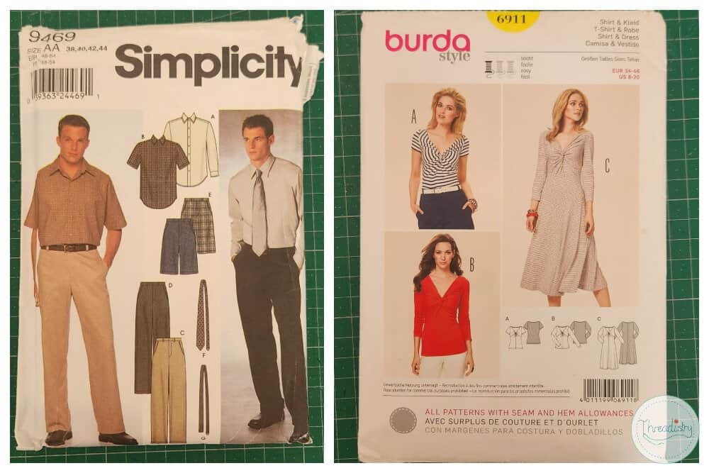 Two sewing pattern envelopes from Simplicity and Burda Style for dress and pants.